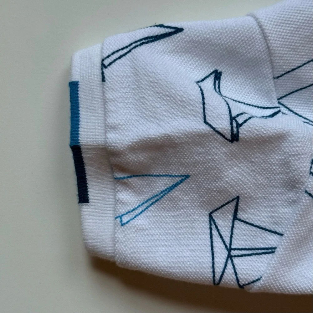 Jacadi Boys White Pique Knit Polo Shirt with Blue Sailboat Print - Size 12M